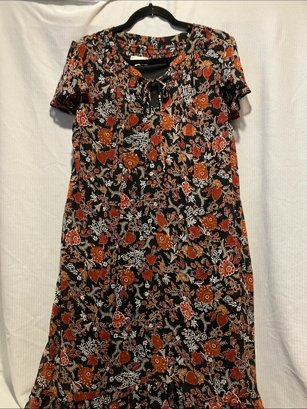 Floral Tie-Neck Maxi Dress in Black & Rust